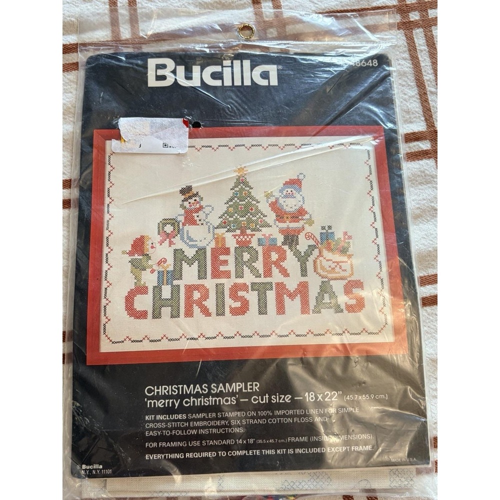 VTG Bucilla Merry Christmas Needlecraft Kit 48648 Holiday Stamped Sampler 18x22
